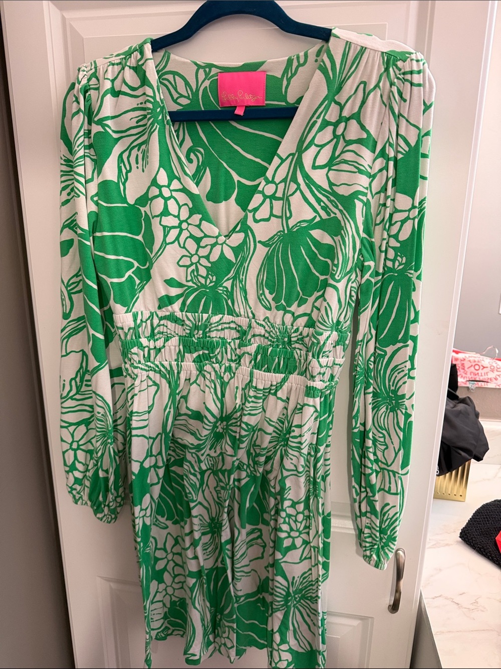 Lilly Pulitzer Green and White Floral V-Neck Long Sleeve Dress